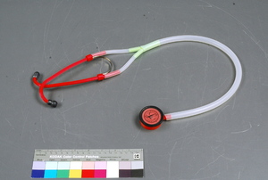 Made by Glia Project  Date: 2015 Place: Gaza, Palestinian Authority art. no. 2017.0002 Ingenium: Canada's Museums of Science and Innovation. As part of the Glia project for Open Medical Devices, Canadian Physician Tarek Loubani and his colleagues developed this 3D printed stethoscope that was cheap and easy to produce, while having exceptional sound quality. They first made and used this stethoscope in Gaza, Palestinian Authority due to shortages of medical instruments.