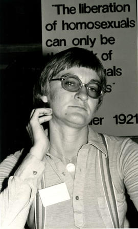 Front view of [Gillean Chase], a member of the Gay Conference panel, attending the [Fourth Gay Co...