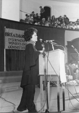 Shirley Douglas, fundraising speech standing close to podium during the IWD 1978, Convocation Hall