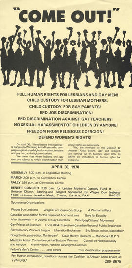 Come out!   Full human rights for lesbians and gay men!  Child custody for lesbian mothers, child...