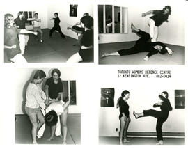 Four image montage of women during self-defence classes, practicing self-defence techniques at th...