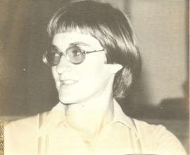 Profile view of [Terry Faubert or Gillean Chase], a member of the Gay Conference panel, attending...