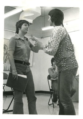 Two members of the Hamilton Feminist Theatre rehearsing a scene