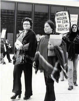 Metis Elder Edith McLeod and Jeannette Corbière Lavell protesting the Supreme Court’s decision in...