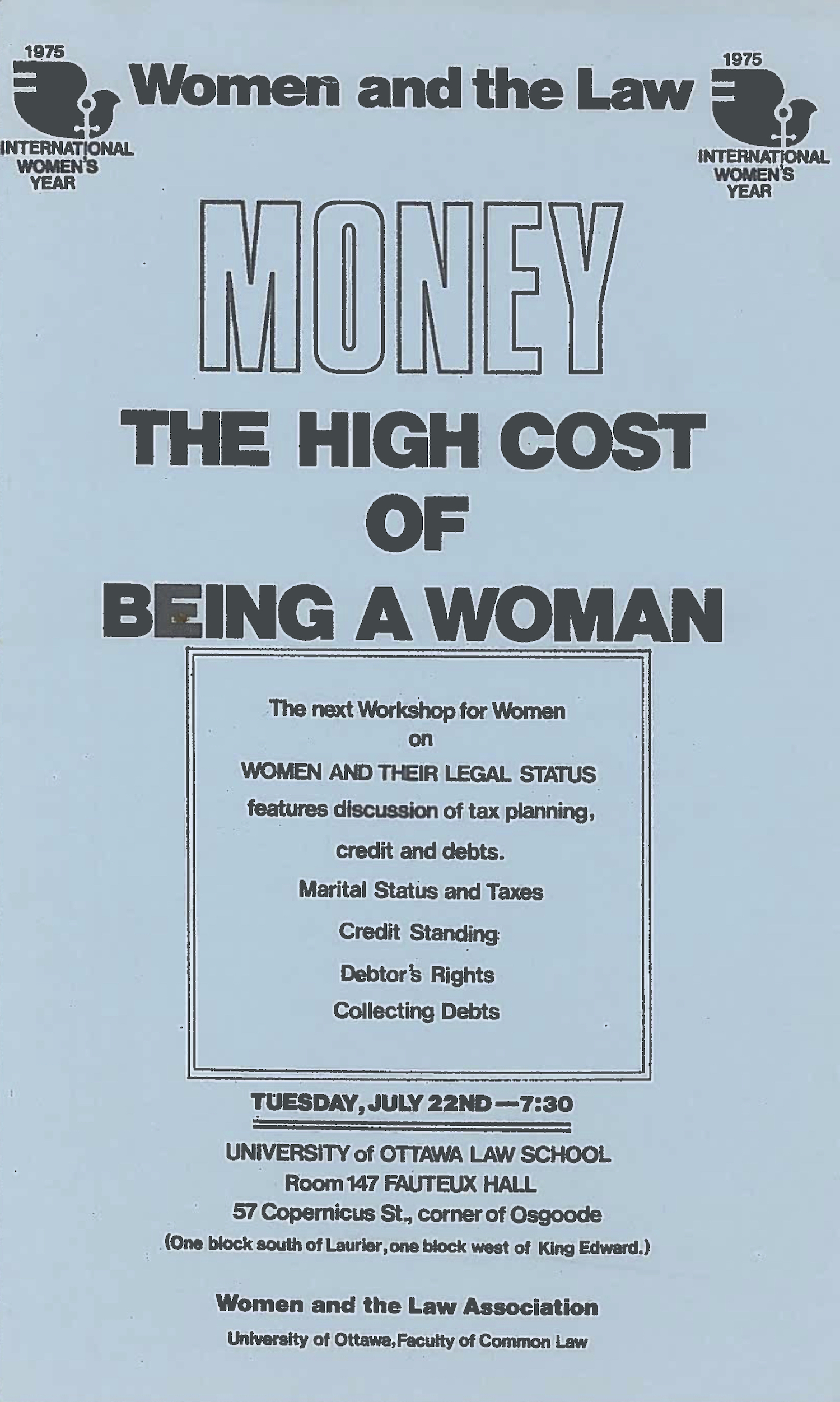 poster advertising Women and the Law talk, The High Cost of Being a Woman