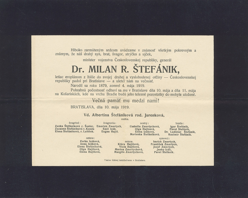 Avis commémoratif du décès du Dr. Milán R Štefánik, Bratislava (Slovakia), 10 mai 1919